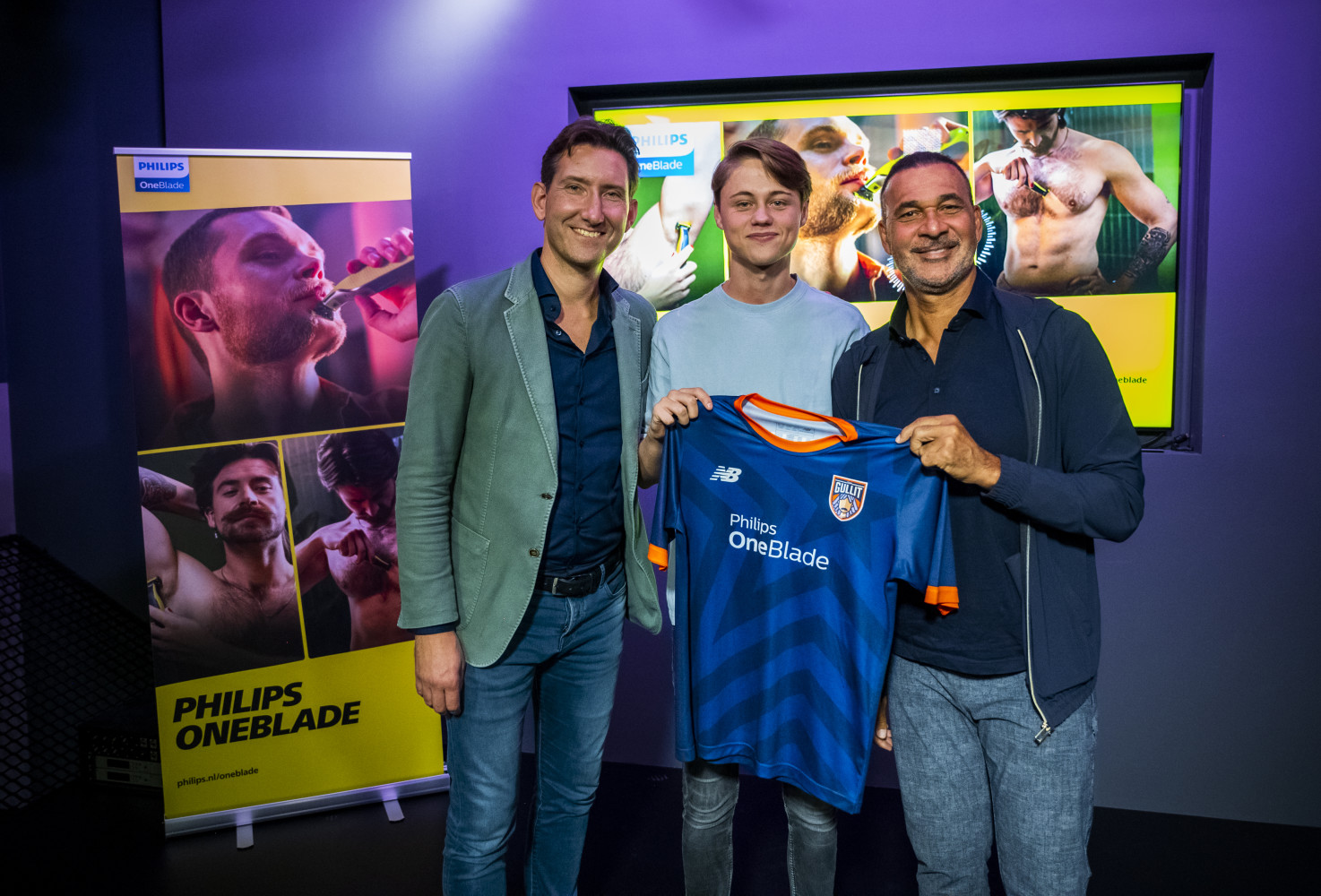 Picture of Ruud Gullit, Dani Visser and Erik Schimmer at the Philips OneBlade x Team Gullit partnership announcement