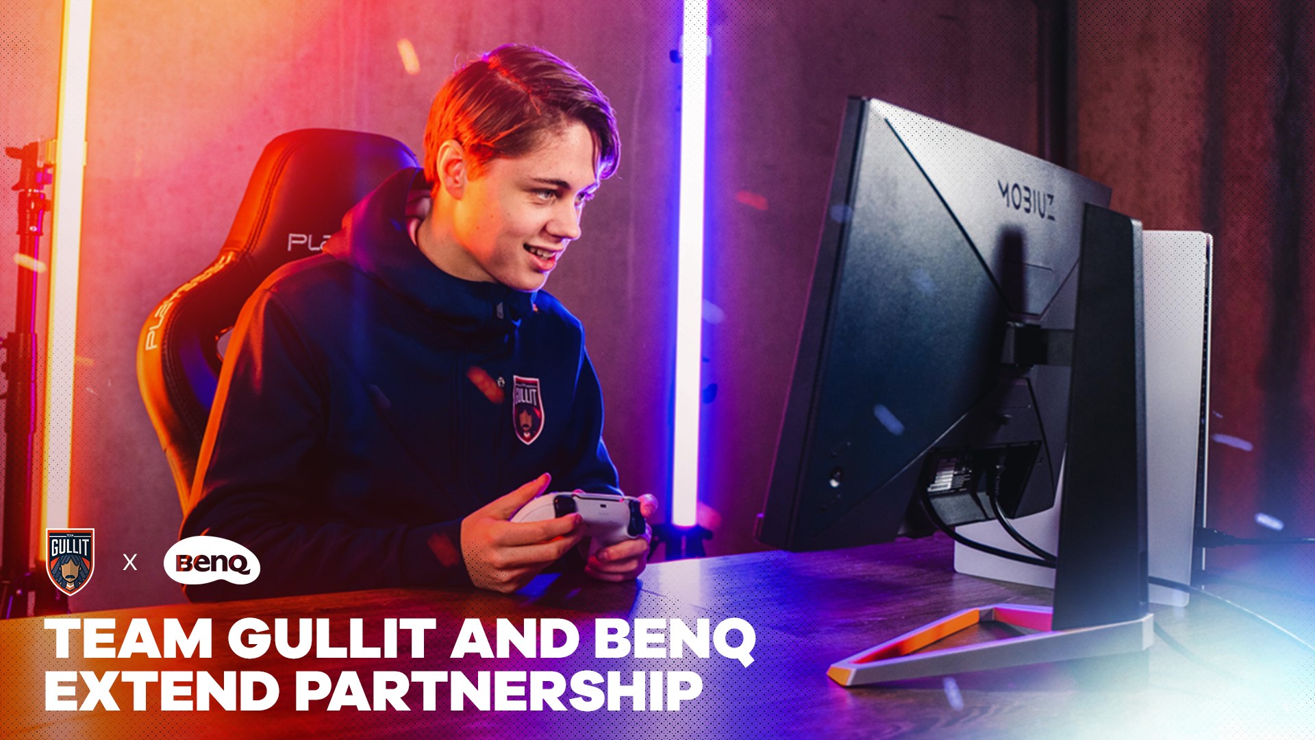 This is a picture of Dani with a BenQ MOBIUZ EX2510S, announcing the extended partnership between Team Gullit and BenQ.